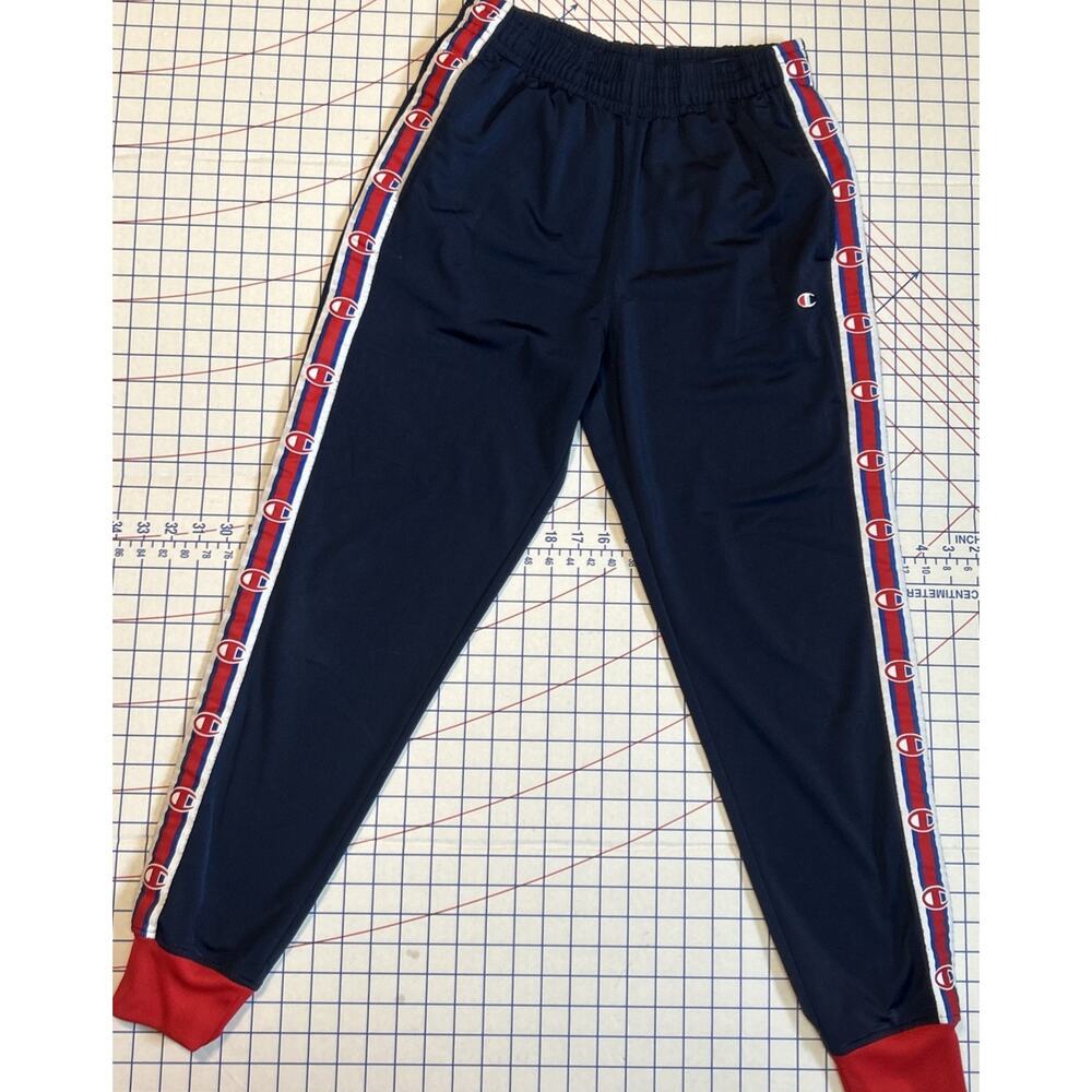 Champion Track Pants Mens M Navy & Red With Side Stripe Logo Taping Activewear